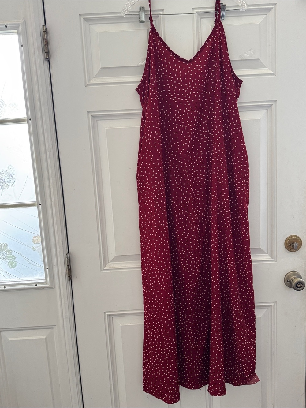 It has pockets Dark Red Polka Dot Dress